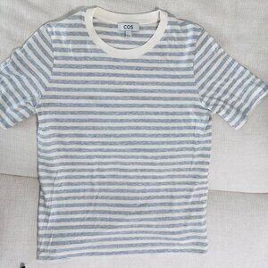 COS Striped Short Sleeve T-Shirt – White & Light Gray – 100% Cotton – Size Small